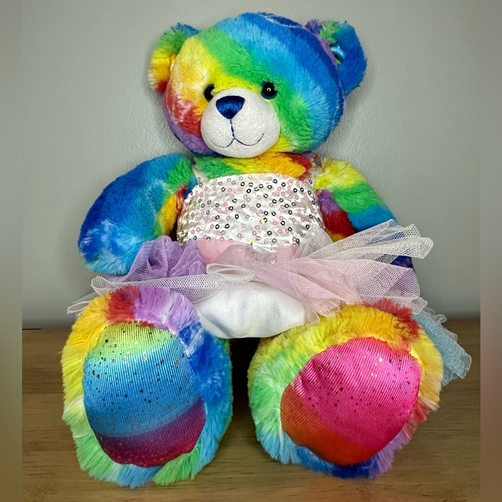 Build A Bear Neon Rainbow Tie Dye Peace Signs Bear Pink Tutu Stuffed Plush‎ Toy